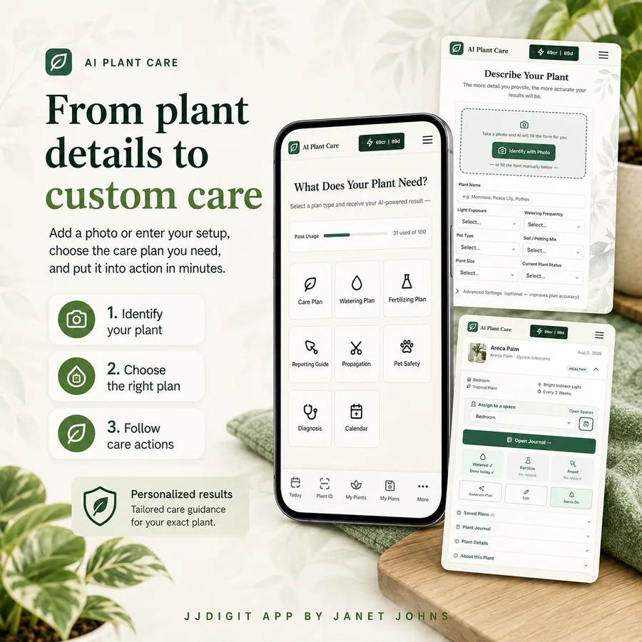 Plant details form, care plan choices, and saved plant profile screens